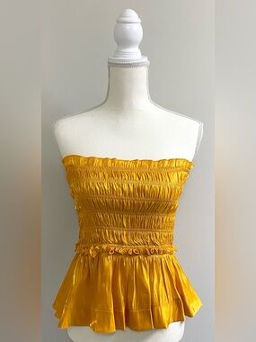 Glam Womens S Yellow Gold Strapless Ruffle Crop Top Boho Y2K Festival Maximalist
